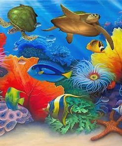 Turtles And Fishes In Sea paint by numbers
