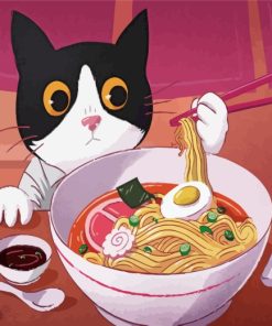 Cute Cat Eating Noodles Paint by numbers
