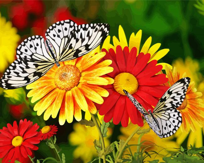 Red And Yellow Flowers With Butterflies Paint By Numbers