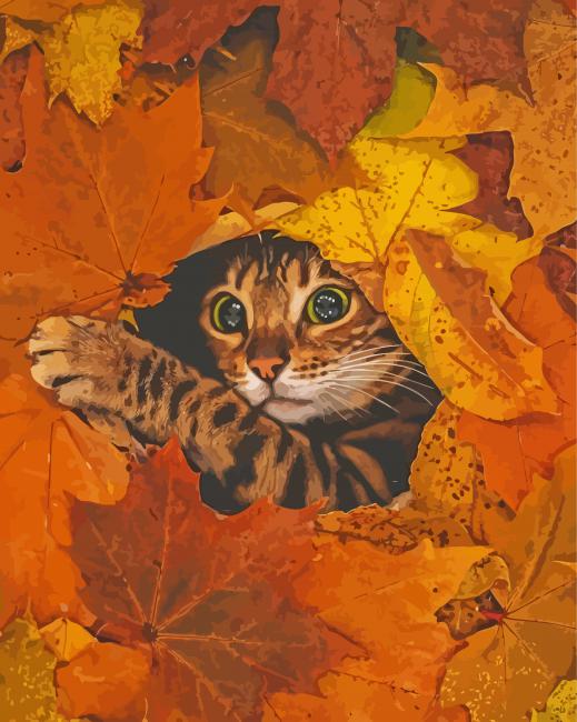 Cute Cat In Autumn Leaves Paint By Numbers