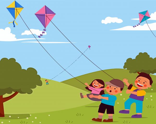 Happy Children Playing Kite Paint By Numbers