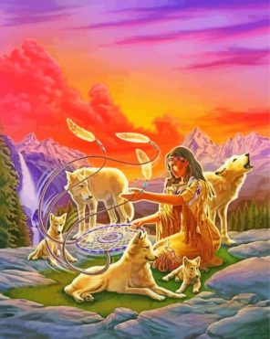 Indian Woman And Wolves Paint By Numbers