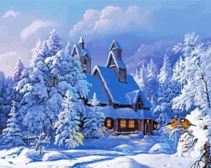 House In Frozen Forest At Winter Paint By Numbers