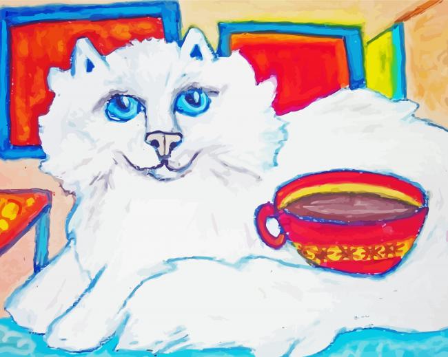 White Cat And Coffee Cup Paint By Numbers